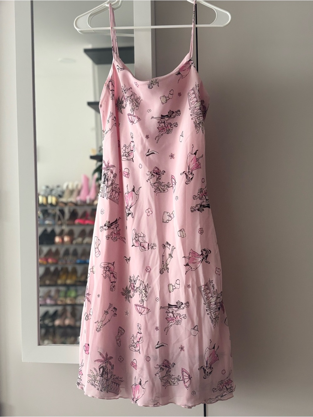 B. Smart Pink Printed Slip Dress with Black Sketch Motif